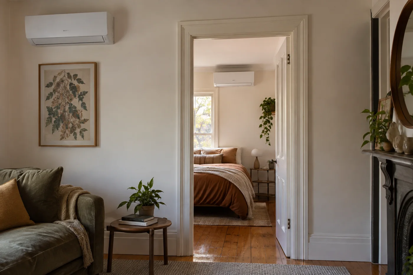 Wall-mounted split systems in two rooms connected by an open doorway